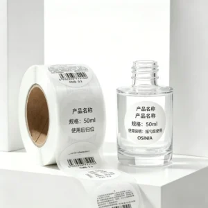 Round Matte Synthetic Paper Roll Labels, Black Printed Barcode Stickers for Cosmetic Bottles and Essential Oil Packaging