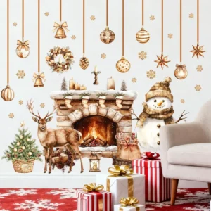 Rustic Watercolor Christmas Wall Stickers Removable PVC UV Resistant Waterproof Eco Friendly Snowman Reindeer Fireplace