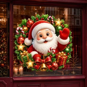 Santa Claus Glass Window Decal Christmas Wreath Static Window Art Store Mall Display Decorative Sticker