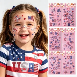 Self-Adhesive Gold-Stamped Rhinestone US Flag Face and Body Stickers, Removable
