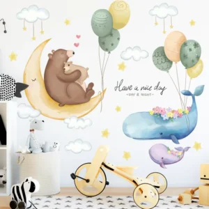 Self-Adhesive PVC Nursery Wall Stickers with Bear, Whale, Balloon, Cloud, and Star Patterns