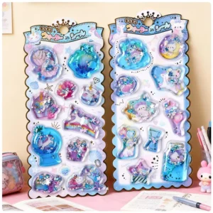 Sequin-Filled Shaker Epoxy Stickers, Unicorn, Dinosaur, Bottle and Star Designs, Clear 3D Decals