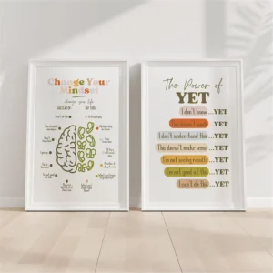 Set of 2 Boho Growth Mindset Power of Yet Posters Inspirational Classroom Decor 2 Piece Set
