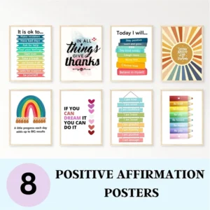 Set of 8 Positive Affirmation Posters Boho Rainbow Motivational Wall Art for Kids Classroom and Homeschool