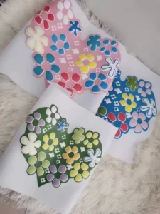 Silicone Square Printed Floral Heart Heat Transfer Iron-On Stickers Silk Screen Colorful DTF Roll Transfers
