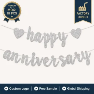 Silver Heart Anniversary Banner, Durable Cardboard Hanging Sign for Wedding Party Decoration, Custom Logo OEM ODM