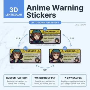 Sparkle Lenticular Anime Warning Car Stickers PET Material Waterproof 3D Up Down Flips Effect Anime Motion Window Decor