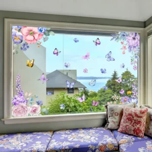 Spring Purple pink Symmetrical Floral butterfly Window Stickers Home Background Decor View through Glass Decals Self adhesive
