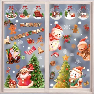 Static Christmas Window Cling Stickers Electrostatic Double-Sided Reusable Snow Globe Santa Decals for Home Holiday Decoration