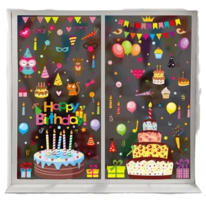 Static Happy Birthday Window Clings Electrostatic Reusable Party Decals with Cake Balloons & Hats for Glass Door Home Decor
