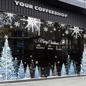 Static Merry Christmas Happy New Year Window Clings Electrostatic Reusable Snowflake Tree Decals for Coffee Shop Door Decor