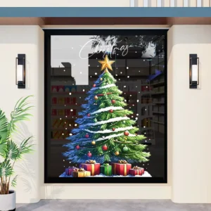 Static Merry Christmas Window Clings Electrostatic Reusable Christmas Tree Decals for Store Glass Door Home Holiday Decoration