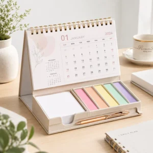 Table Calendar with Memo, Pocket Calendar, Daily Planner Notebook and Standing Flip Desk Design
