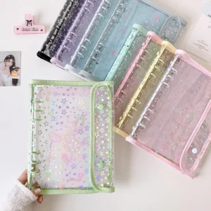 Transparent Glitter Cartoon Star A5 Photo Album, KPOP Collection 4-Grid Card Binder, Double Snap Button, 3-Inch Storage Binder