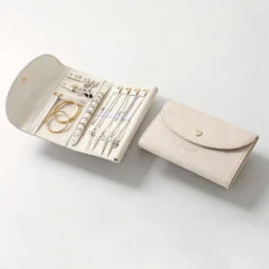 Travel Jewelry Organizer Roll PU Leather Storage Case with Snap Button Closure and Anti-Tangle Hooks