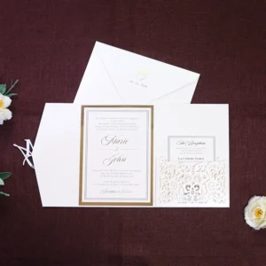 Tri-Fold Wedding Invitation Card With Laser-Cut Pocket Gold Hot Stamp Insert Card Acrylic Letters and Envelope