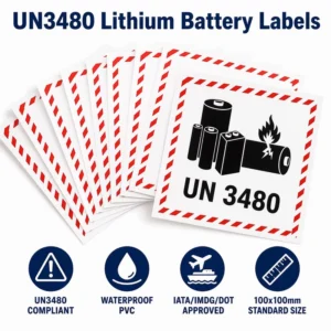 UN3480 Lithium Battery Hazard Warning Label Red Stripe DG Class 9 Sticker Waterproof PVC DOT IATA IMDG 100x100mm Custom Size