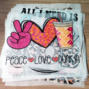 Valentine’s Day Sequin DTF Heat Transfer Vinyl Designs, Peace Love Coffee