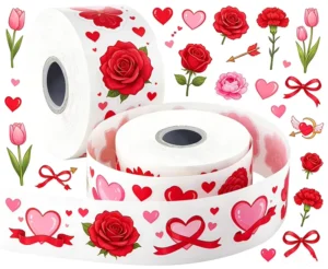 Valentine’s Floral Roll Sticker Tape with Red Bloom, Pink Heart, Bow, Cupid, and Arrow Prints for Envelopes and Gifts