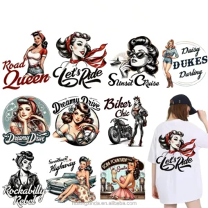 Vintage Pin-Up Girl DTF Heat Transfers with Retro Poster, Alphabet, and Flower Designs for T-Shirts and Hoodies