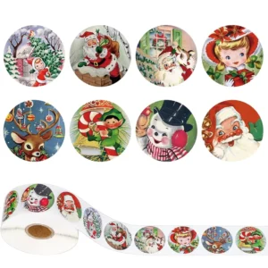 Vintage Watercolor Christmas Stickers 1in Round Santa Reindeer Elf Design Holiday Labels for Gift Wrapping Sealing