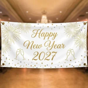 Washable Gold Glitter Effect Happy New Year Custom Print Large Size Party Celebration Backdrop Banner Flag