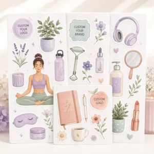 Watercolor Self-Care and Wellness Sticker Sheets with Custom Logo for Journaling and Packaging