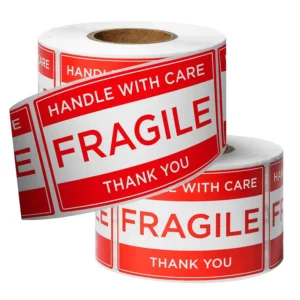 Waterproof BOPP Labels, 2×3, 500 Labels/Roll, Fragile Handle with Care Warning, Thank You Shipping Sticker