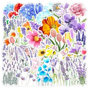 Waterproof Decorative Stickers, 50-Piece PVC Self-Adhesive Flower Stickers for DIY Journals and Notebooks