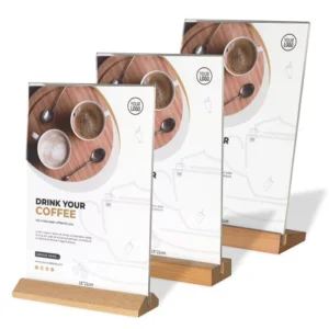 Wedding Photo Display Stand with A4 Clear Acrylic T Shape Frame Wood Base for Tabletop Menu Flyer