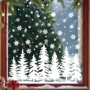White Christmas Window Decals White Snowflake and Fir Tree Silhouette Holiday Atmosphere Decor Static Cling Stickers