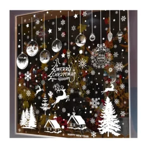 White Merry Christmas Window Stickers for Retail Storefront Large Snowflake and Reindeer Decals for Shop Display