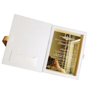 White Ribbon Gray Board Box Acrylic Wedding Invitation Card and Customized Gold Mirror Birthday Invitation Cards