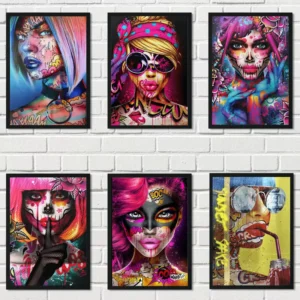 Woman Face Portrait Art Deco Modern Graffiti Street Canvas Wall Art Print for Living Room