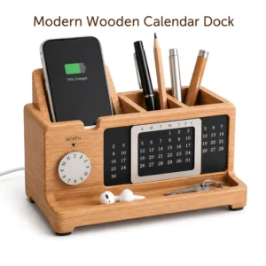 Wooden Double-Tier Desk Organizer with Perpetual Calendar, Phone Stand, and Pen Holder