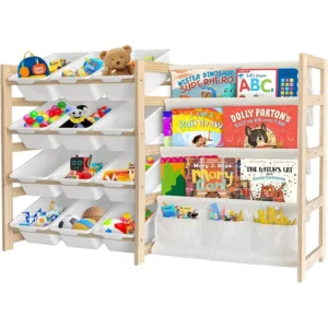 Wooden Toy Storage Organizer with Bookshelf, 12 Compartments, and 4-Layer Shelf